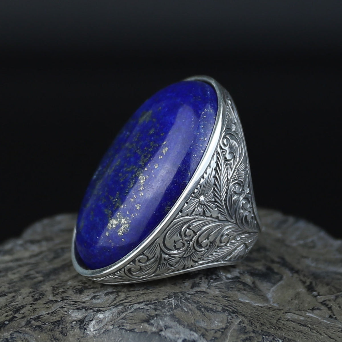 Men Large Natural Lapis Lazuli Ring, Engraved Handmade Lapis Ring , Blue Lapis Lazuli Ring