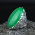 925 Silver Jade Stone Ring, Men Green Jade Engraved Ring, Handmade Silver Engraved Ring