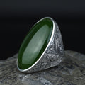 Silver Natural Jade Stone Ring, Large Hand Engraved Stone Ring, Green Jade Ring