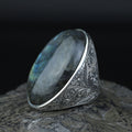 925 Silver Engraved Labradorite Men Ring, Large Turkish Gemstone Ring, Hand-Engraved Men Ring, Turkish Handmade Silver Ring