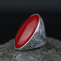 Man Large Red Jade Stone Ring , Silver Large Stone Engraved Style Ring, Turkish Big Handmade Sterling Silver Ring , Gift For Him