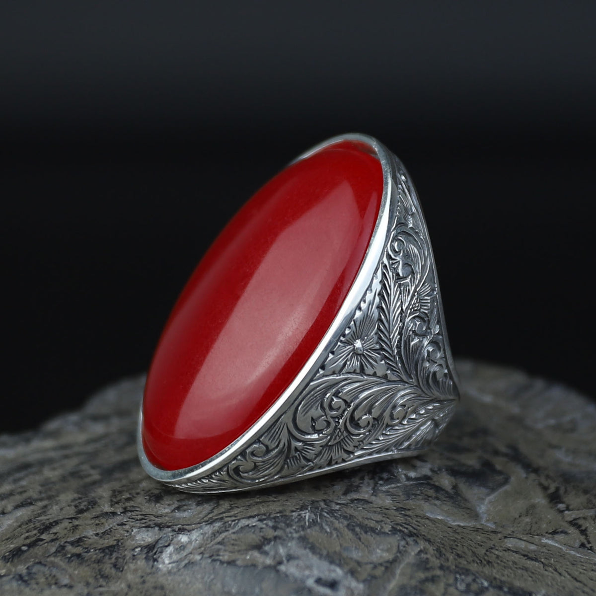 Man Large Red Jade Stone Ring , Silver Large Stone Engraved Style Ring, Turkish Big Handmade Sterling Silver Ring , Gift For Him