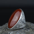 Men Handmade Red Agate Stone Ring, Large Engraved Carnelian Ring, Large Natural Agate Ring, 925k Sterling Silver Ring, Ottoman Style Ring