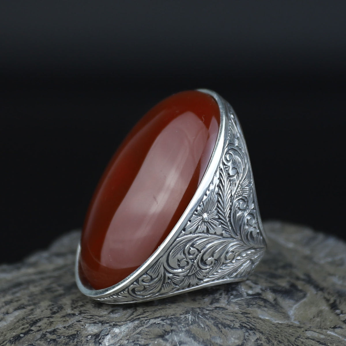 Men Handmade Red Agate Stone Ring, Large Engraved Carnelian Ring, Large Natural Agate Ring, 925k Sterling Silver Ring, Ottoman Style Ring