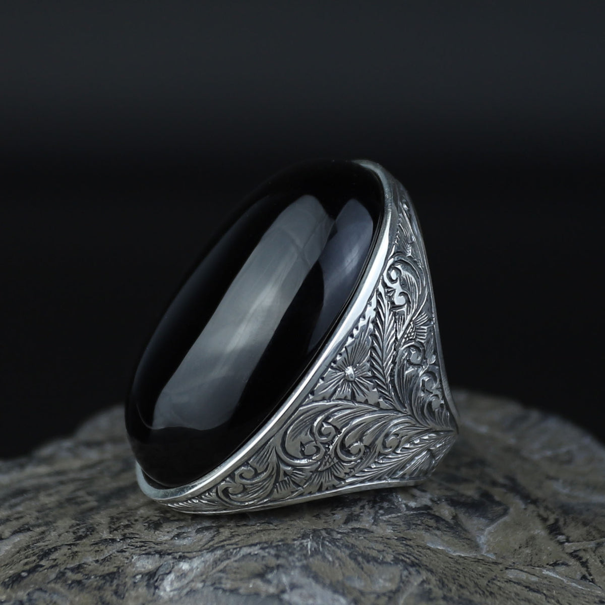 Men Silver Large Onyx Ring, Engraved Large Handmade Ring, Big Mens Onyx Ring, Engraved Onyx Ring, Ring For Men, 925 Sterling Silver Ring