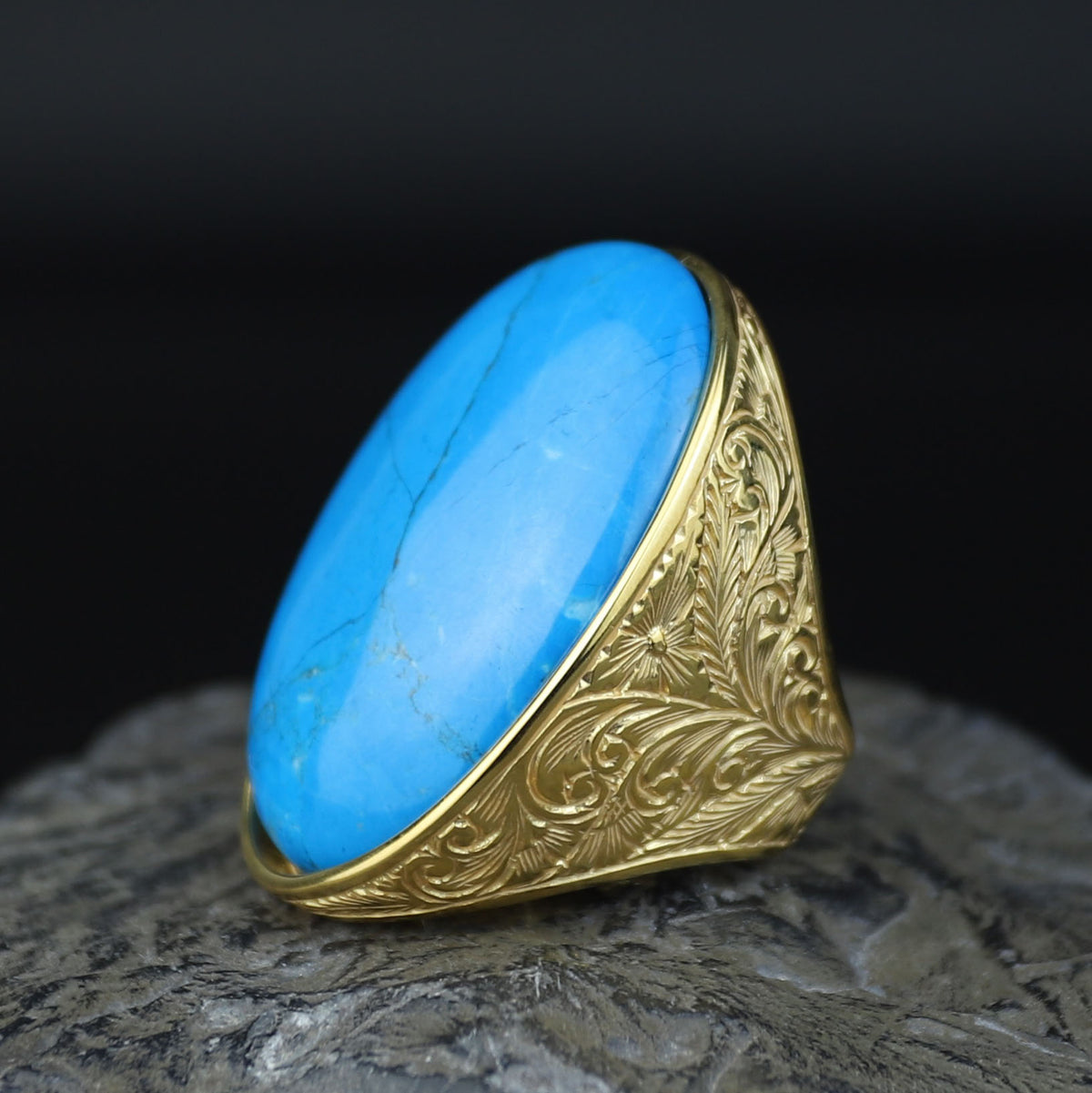 Large Engraved Turquoise Stone Signet Ring, 18K Gold Engraved Turquoise Ring, Man Large Signet Ring, Gold Handmade Ring, 925 Silver