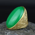 Men Engraved Silver Gold Jade Stone Ring, 18K Gold Green Jade Ring, Men Large Engraved Jade Ring, Statement Handmade Ring