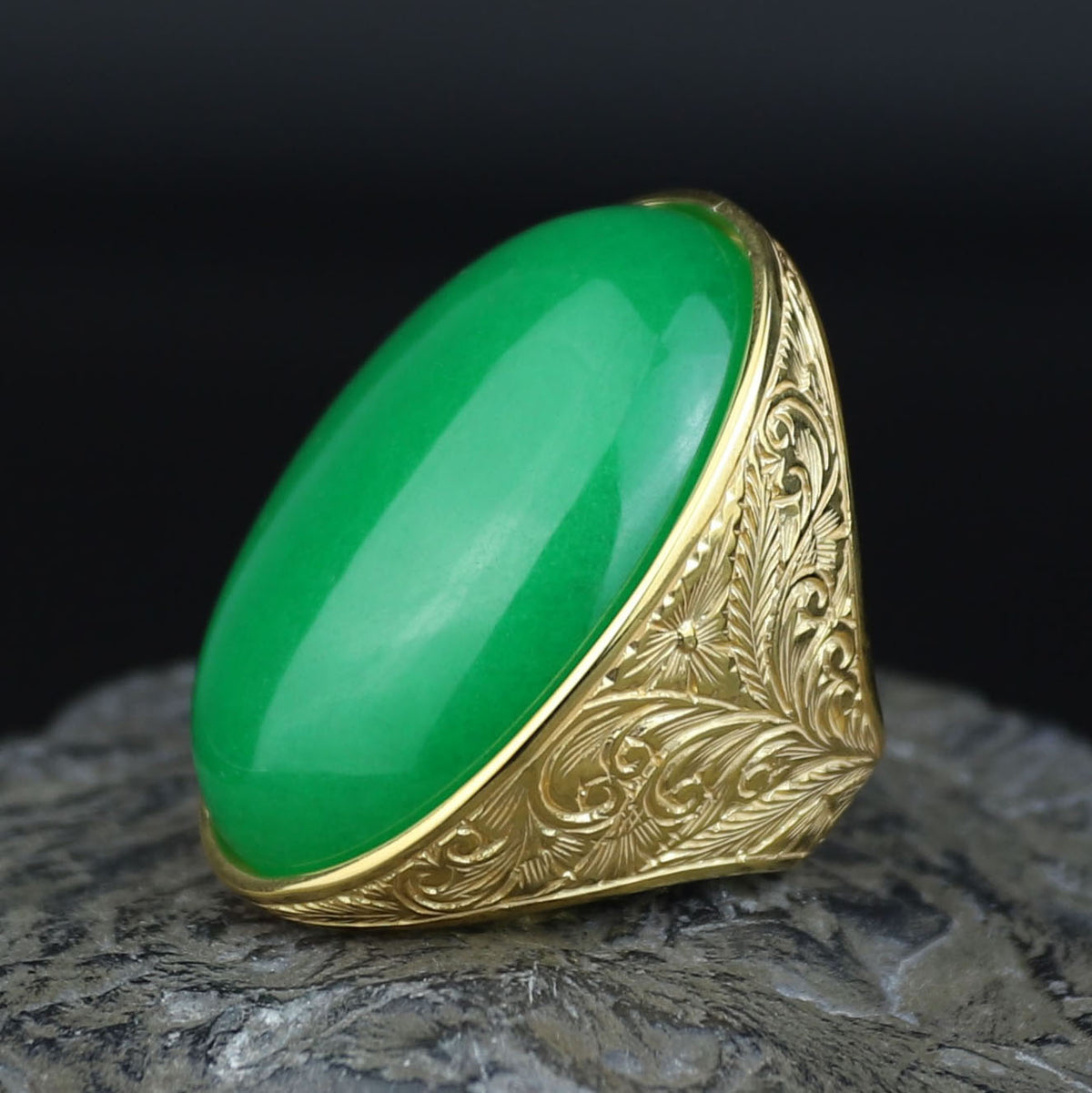Men Engraved Silver Gold Jade Stone Ring, 18K Gold Green Jade Ring, Men Large Engraved Jade Ring, Statement Handmade Ring
