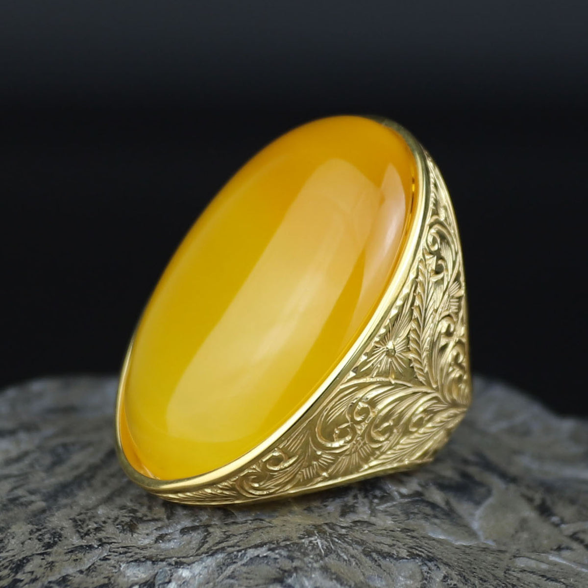 18K Gold Handmade Yellow Agate Ring, Natural Yellow Aqeeq Ring ,Engraved Turkish Men Vintage Ring, Father Day Gift