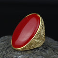 Man Handmade Gold Red Jade Stone Ring , Silver Large Stone Ring, Turkish Engraved Embroidered Ring, Handmade Sterling Silver Ring