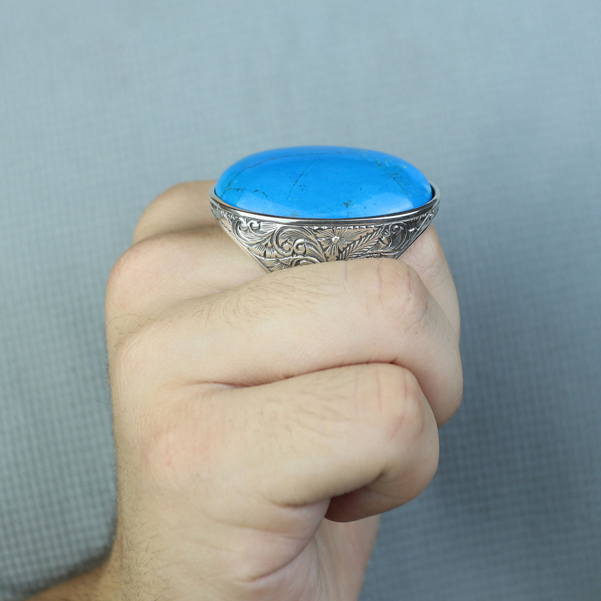 Men Silver Large Turquoise Stone Ring, Hand Engraved Silver Ring, Engraved Large Silver Ring, Large Signet Ring