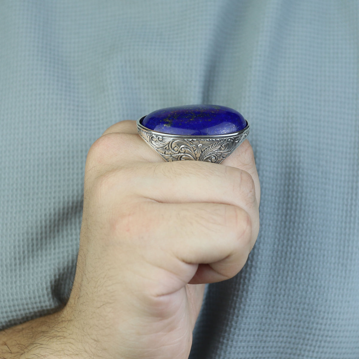 Men Large Natural Lapis Lazuli Ring, Engraved Handmade Lapis Ring , Blue Lapis Lazuli Ring