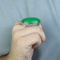 925 Silver Jade Stone Ring, Men Green Jade Engraved Ring, Handmade Silver Engraved Ring