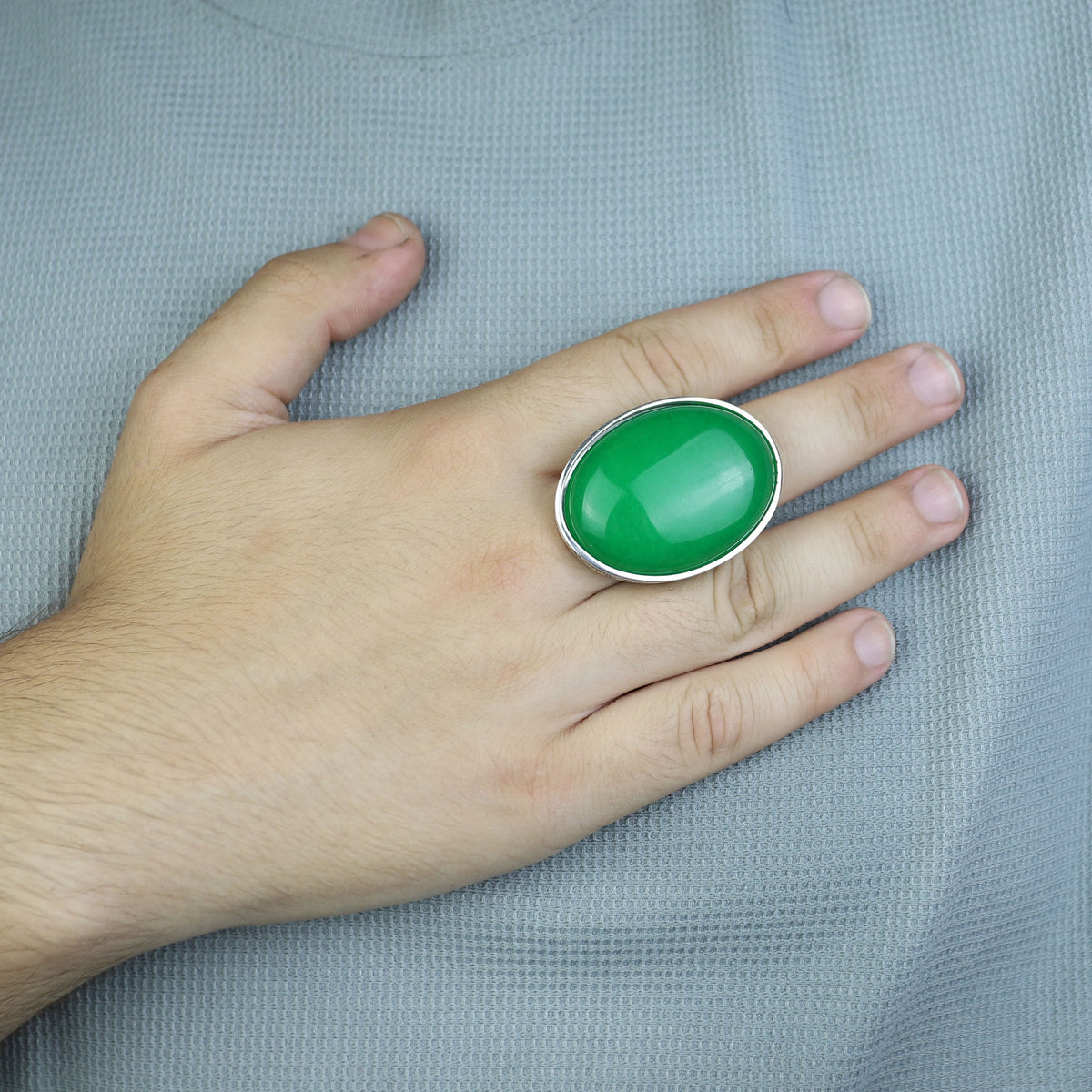 925 Silver Jade Stone Ring, Men Green Jade Engraved Ring, Handmade Silver Engraved Ring
