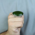 Silver Natural Jade Stone Ring, Large Hand Engraved Stone Ring, Green Jade Ring