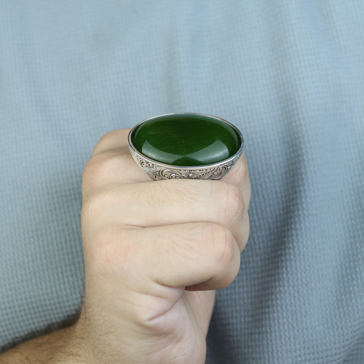 Silver Natural Jade Stone Ring, Large Hand Engraved Stone Ring, Green Jade Ring
