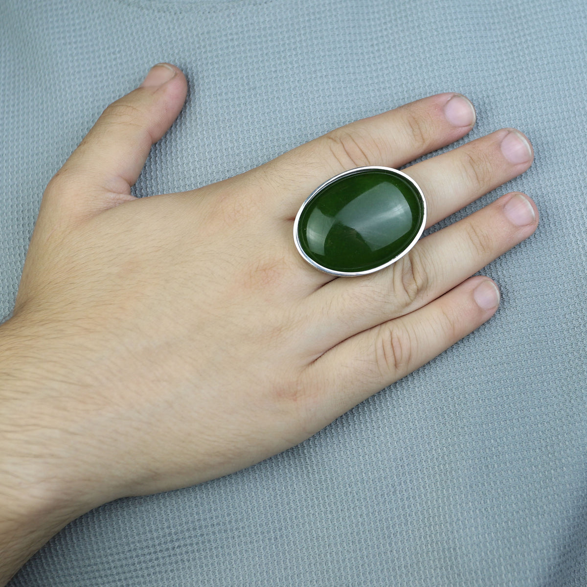 Silver Natural Jade Stone Ring, Large Hand Engraved Stone Ring, Green Jade Ring
