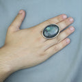 925 Silver Engraved Labradorite Men Ring, Large Turkish Gemstone Ring, Hand-Engraved Men Ring, Turkish Handmade Silver Ring