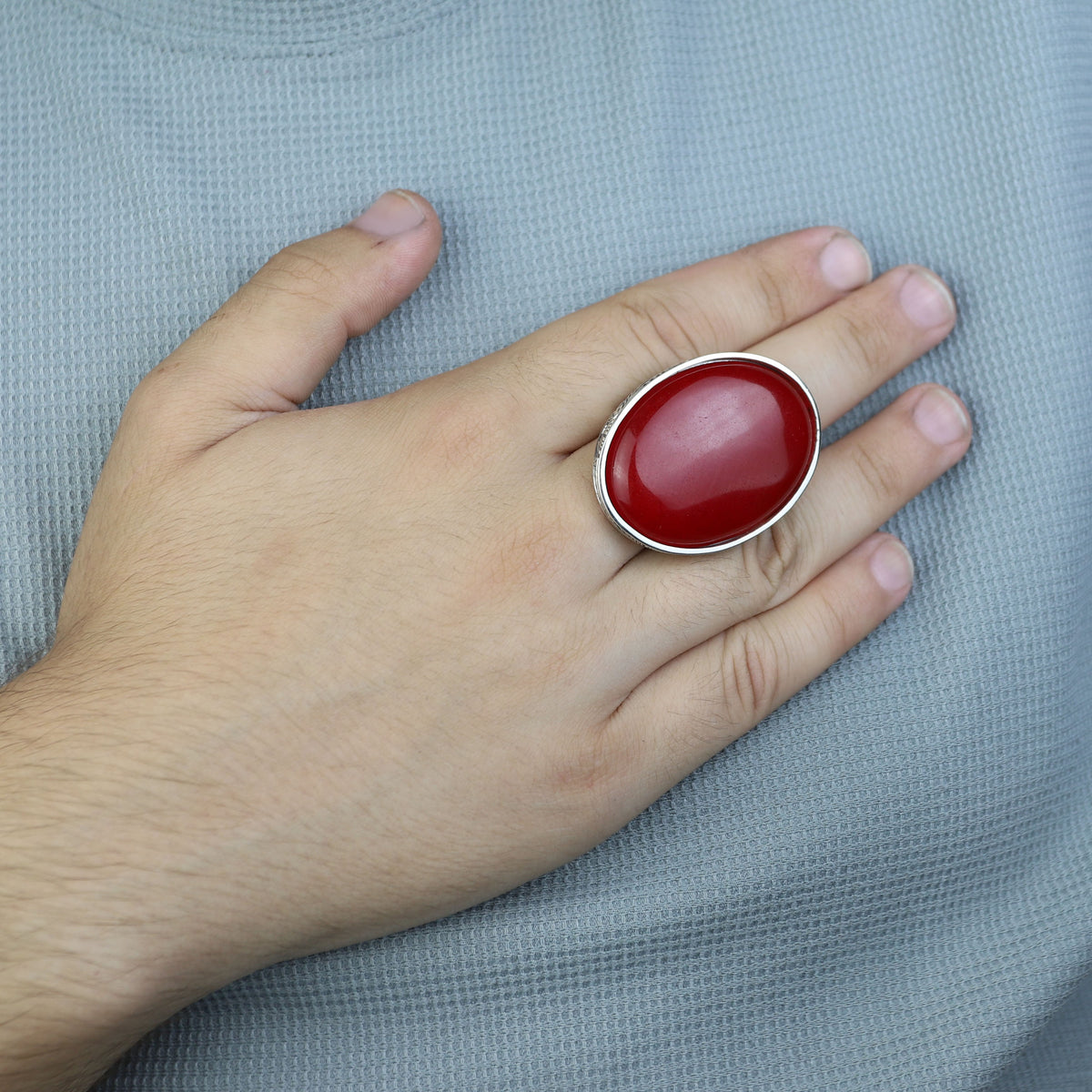 Man Large Red Jade Stone Ring , Silver Large Stone Engraved Style Ring, Turkish Big Handmade Sterling Silver Ring , Gift For Him