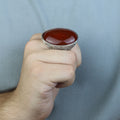 Men Handmade Red Agate Stone Ring, Large Engraved Carnelian Ring, Large Natural Agate Ring, 925k Sterling Silver Ring, Ottoman Style Ring