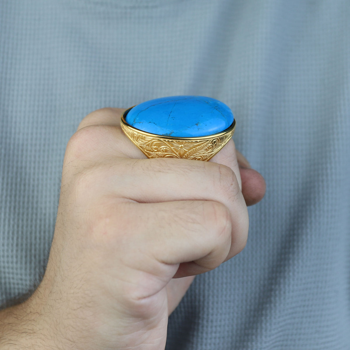 Large Engraved Turquoise Stone Signet Ring, 18K Gold Engraved Turquoise Ring, Man Large Signet Ring, Gold Handmade Ring, 925 Silver