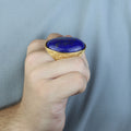 Men Gold Large Lapis Lazuli Ring, 18K Gold Engraved Handmade Lapis Ring , Blue Lapis Lazuli Ottoman Style Ring