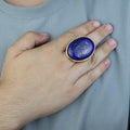 Men Gold Large Lapis Lazuli Ring, 18K Gold Engraved Handmade Lapis Ring , Blue Lapis Lazuli Ottoman Style Ring