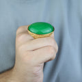 Men Engraved Silver Gold Jade Stone Ring, 18K Gold Green Jade Ring, Men Large Engraved Jade Ring, Statement Handmade Ring