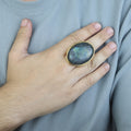 925K Sterling Silver Men Gold Natural Labradorite Men's Ring, Large Gold Natural Labradorite Ring