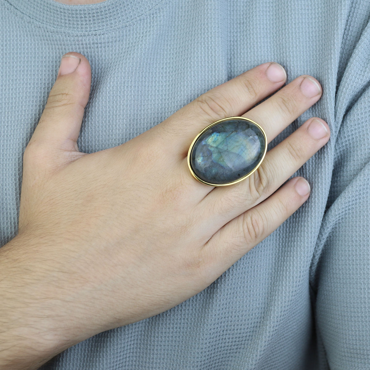 925K Sterling Silver Men Gold Natural Labradorite Men's Ring, Large Gold Natural Labradorite Ring