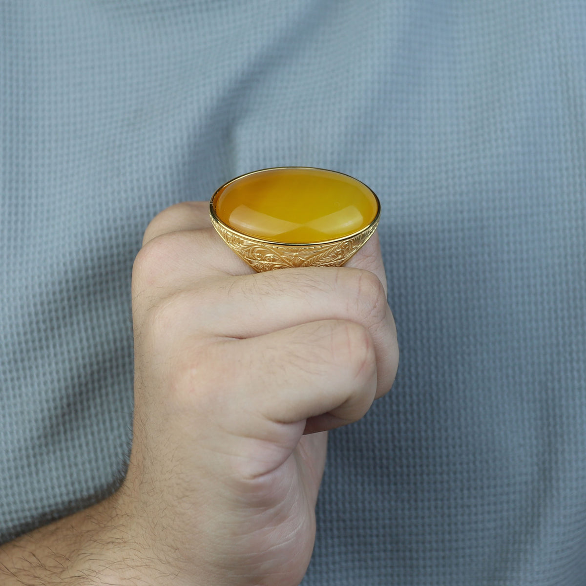 18K Gold Handmade Yellow Agate Ring, Natural Yellow Aqeeq Ring ,Engraved Turkish Men Vintage Ring, Father Day Gift