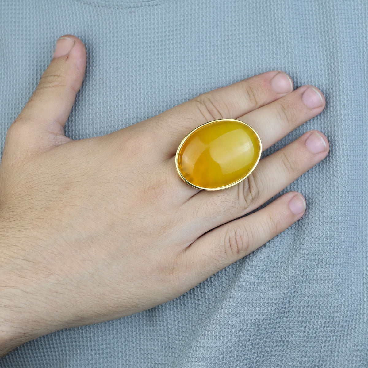 18K Gold Handmade Yellow Agate Ring, Natural Yellow Aqeeq Ring ,Engraved Turkish Men Vintage Ring, Father Day Gift