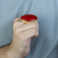 Man Handmade Gold Red Jade Stone Ring , Silver Large Stone Ring, Turkish Engraved Embroidered Ring, Handmade Sterling Silver Ring