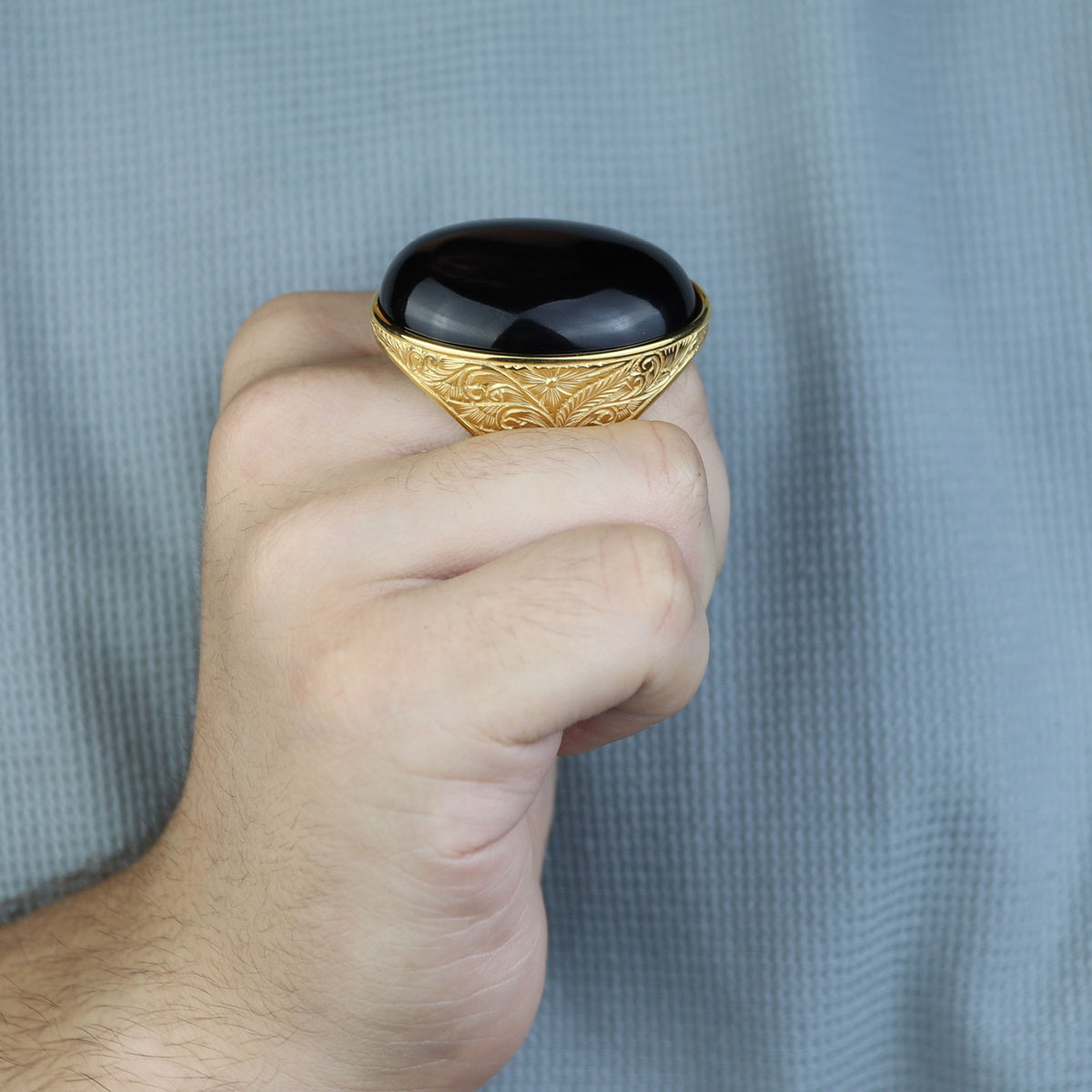 Handmade Engraved Gold Onyx Ring, 18K Gold Large Natural Onyx Ring, Mens Handmade Ring, Men Vintage Ring