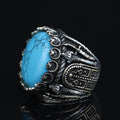Silver Turquoise Sword Round Ring, Large Turquoise  Signet Turquoise Ring, Turkish Handmade Ring