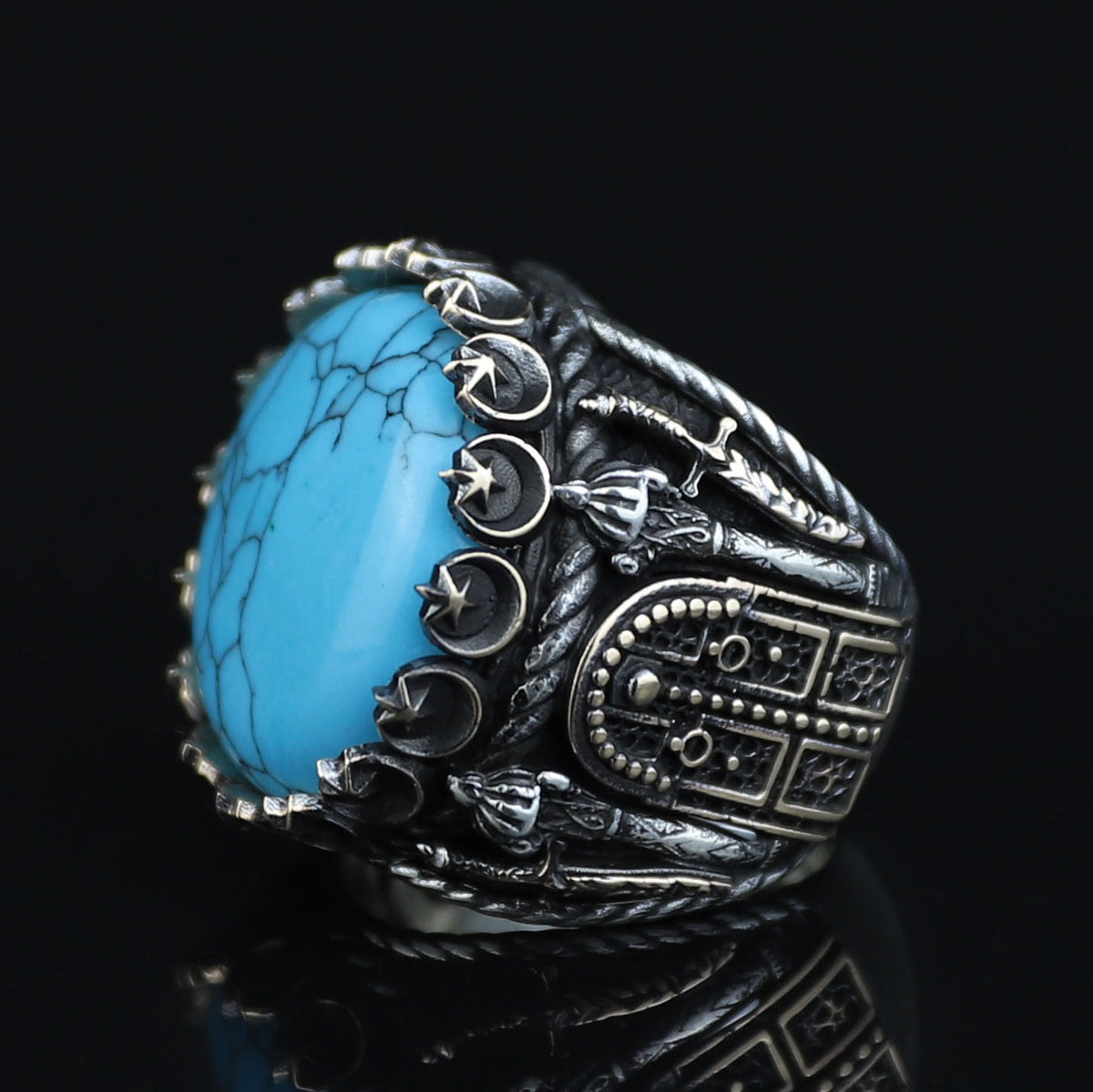 Silver Turquoise Sword Round Ring, Large Turquoise  Signet Turquoise Ring, Turkish Handmade Ring