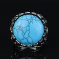 Silver Turquoise Sword Round Ring, Large Turquoise  Signet Turquoise Ring, Turkish Handmade Ring