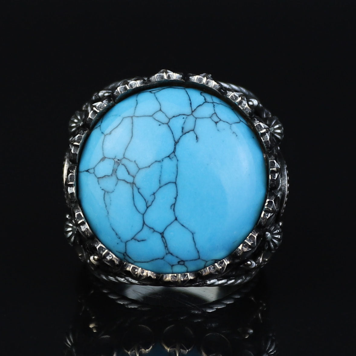 Silver Turquoise Sword Round Ring, Large Turquoise  Signet Turquoise Ring, Turkish Handmade Ring