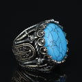 Silver Turquoise Sword Round Ring, Large Turquoise  Signet Turquoise Ring, Turkish Handmade Ring
