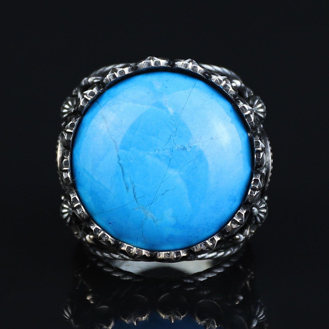 925K Sterling Silver Turquoise Sword Round Ring, Large Turquoise  Signet Turquoise Ring, Turkish Handmade Ring