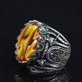 925K Sterling Silver Mens Handmade Ring, Turkish Sword Figured Natural Amber Stone Ring