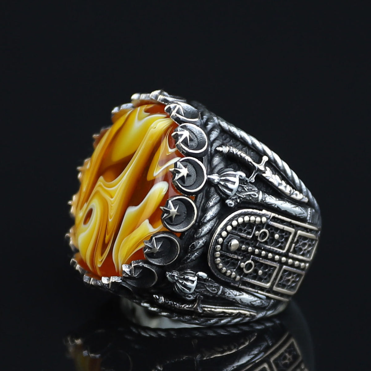925K Sterling Silver Mens Handmade Ring, Turkish Sword Figured Natural Amber Stone Ring