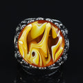 925K Sterling Silver Mens Handmade Ring, Turkish Sword Figured Natural Amber Stone Ring