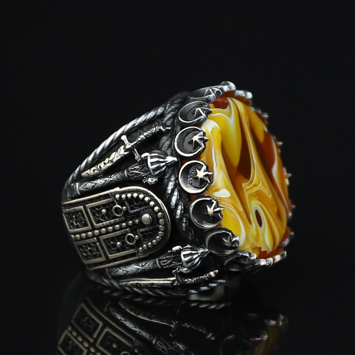 925K Sterling Silver Mens Handmade Ring, Turkish Sword Figured Natural Amber Stone Ring