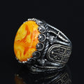 Natural Amber Stone Ring , Sterling Silver Round Large Amber Stone Ring, Ottoman Style Silver Ring