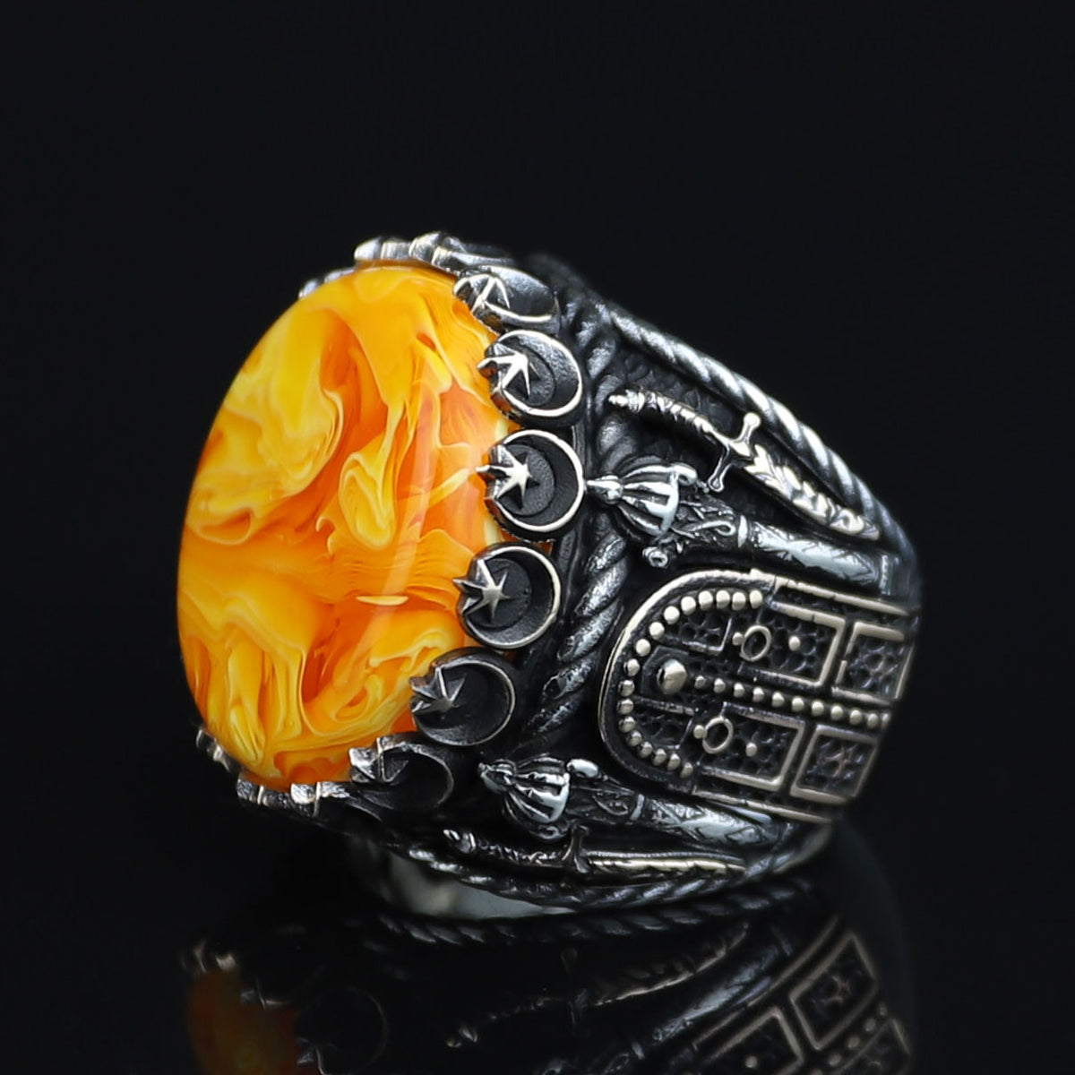 Natural Amber Stone Ring , Sterling Silver Round Large Amber Stone Ring, Ottoman Style Silver Ring