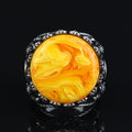 Natural Amber Stone Ring , Sterling Silver Round Large Amber Stone Ring, Ottoman Style Silver Ring