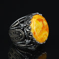 Natural Amber Stone Ring , Sterling Silver Round Large Amber Stone Ring, Ottoman Style Silver Ring