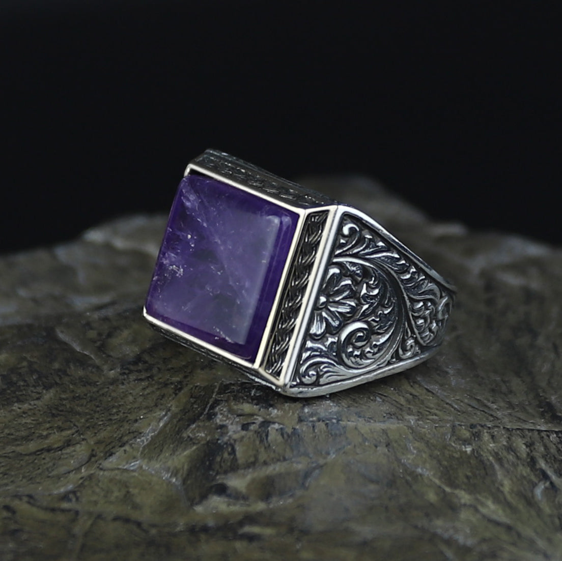Men Handmade Natural Square Amethyst Gemstone Ring