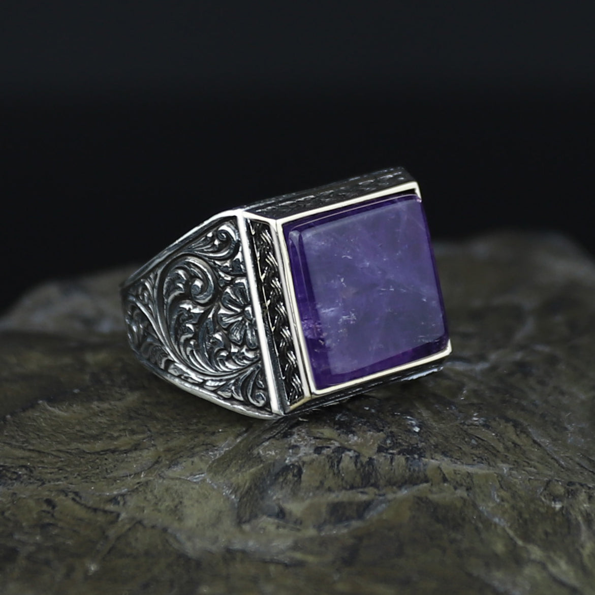 Men Handmade Natural Square Amethyst Gemstone Ring